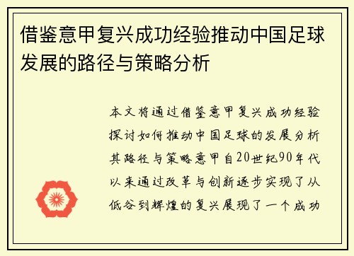 借鉴意甲复兴成功经验推动中国足球发展的路径与策略分析