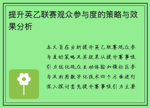 提升英乙联赛观众参与度的策略与效果分析